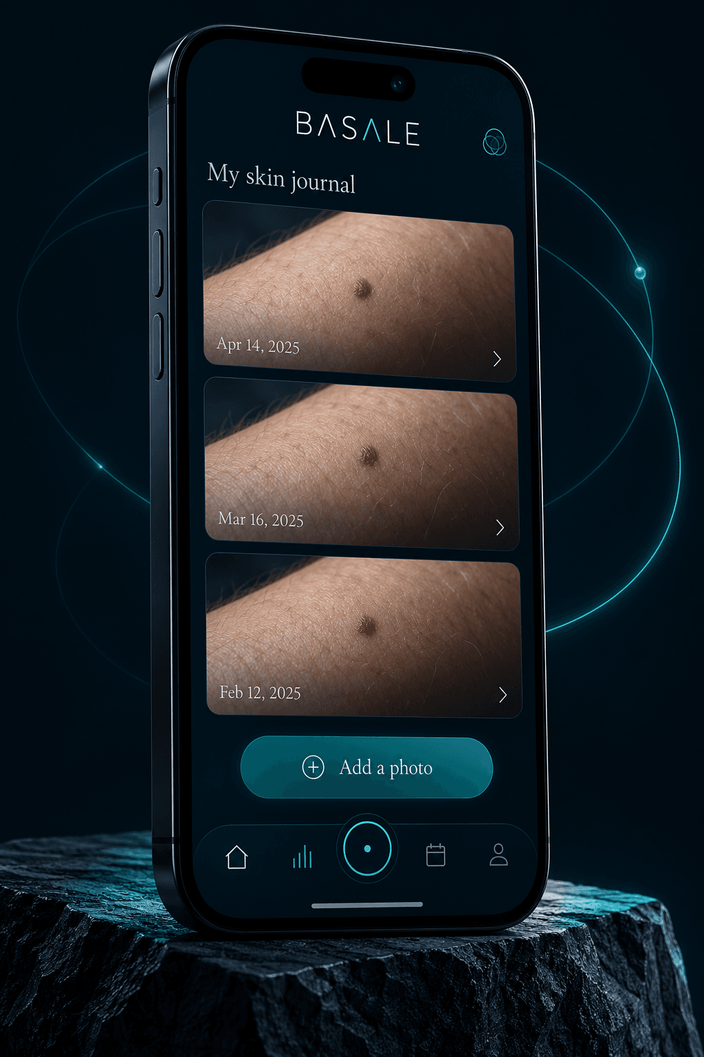 Illustrative Basale app preview showing a dated skin photo journal